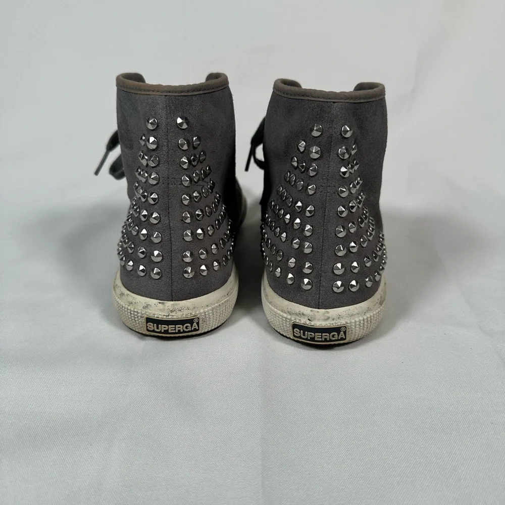 Superga Gray Suede Leather With Silver Studs, Grunge Black Smudged Sole